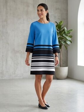 Karl Lagerfeld Blue, Black & White Striped Long Sleeve Shift Dress Size Med